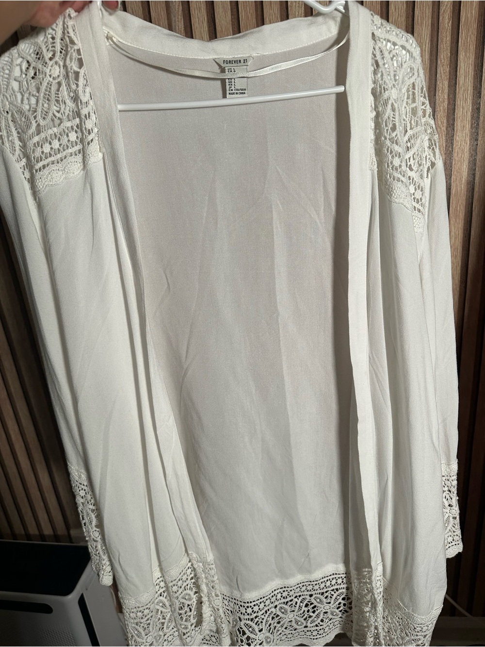 Forever 21 Cream Lace-Trim Open Front Kimono Cardigan